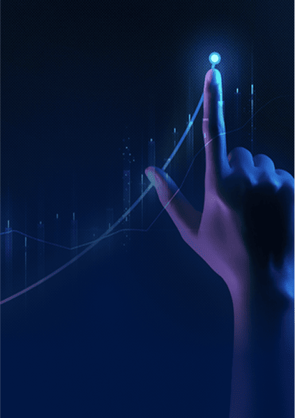 A hand reaching upwards with a finger touching a glowing point on a digital graph, against a dark blue background.