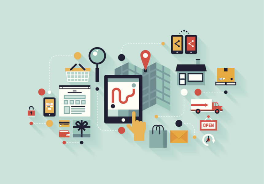Flat design modern vector illustration infographic concept of purchasing product via internet, mobile shopping communication and delivery service. Isolated on colored stylish background.