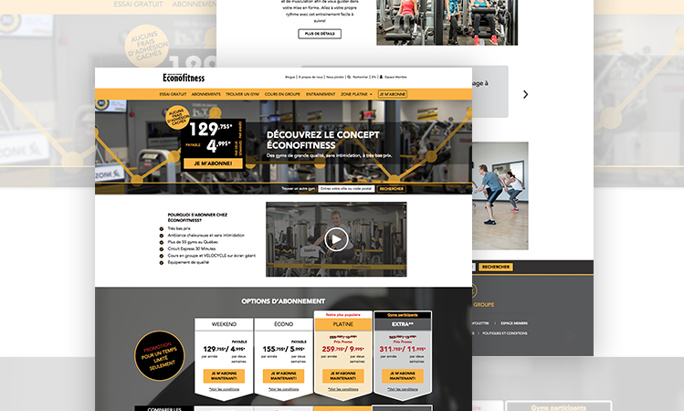 Une image rendue des pages de destination d'Éconofitness.