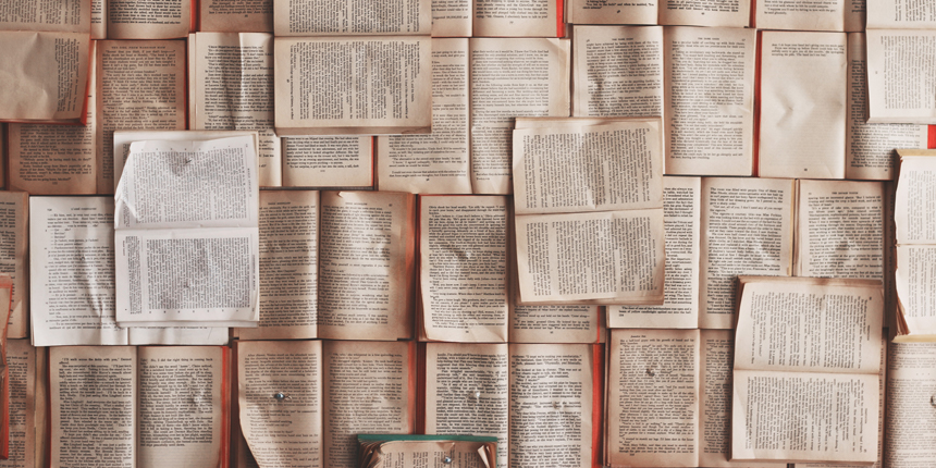 Open books arranged in a collage