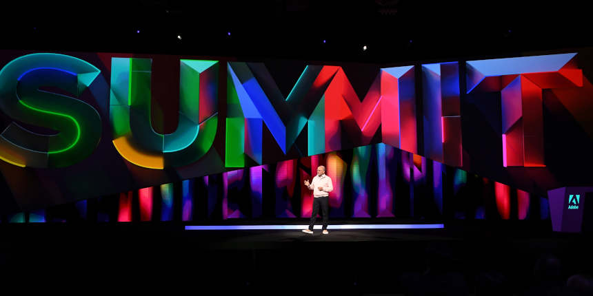 Shantanu Narayen speaking onstage at Adobe Summit 2019