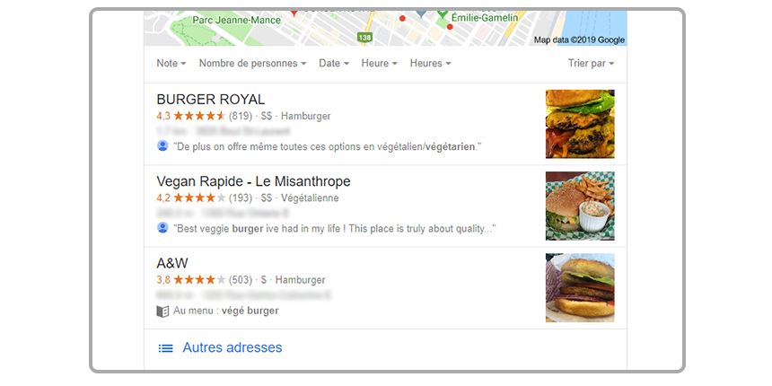 Résultats de recherche locale Google pour « burger végé »