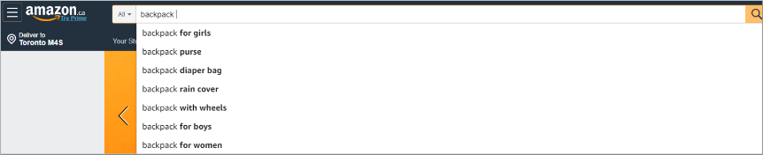 Amazon website search for "backpack"