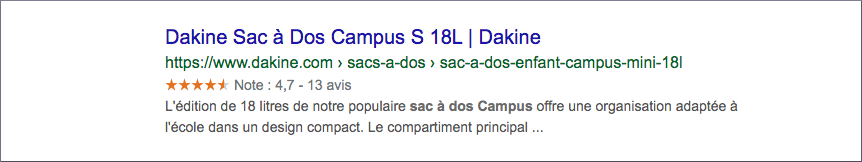 Résultat dans un SERP de Google pour « sac à dos »