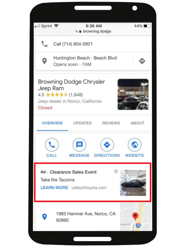 Toyota advert appearing on a Dodge Chrysler Jeep Ram business listing