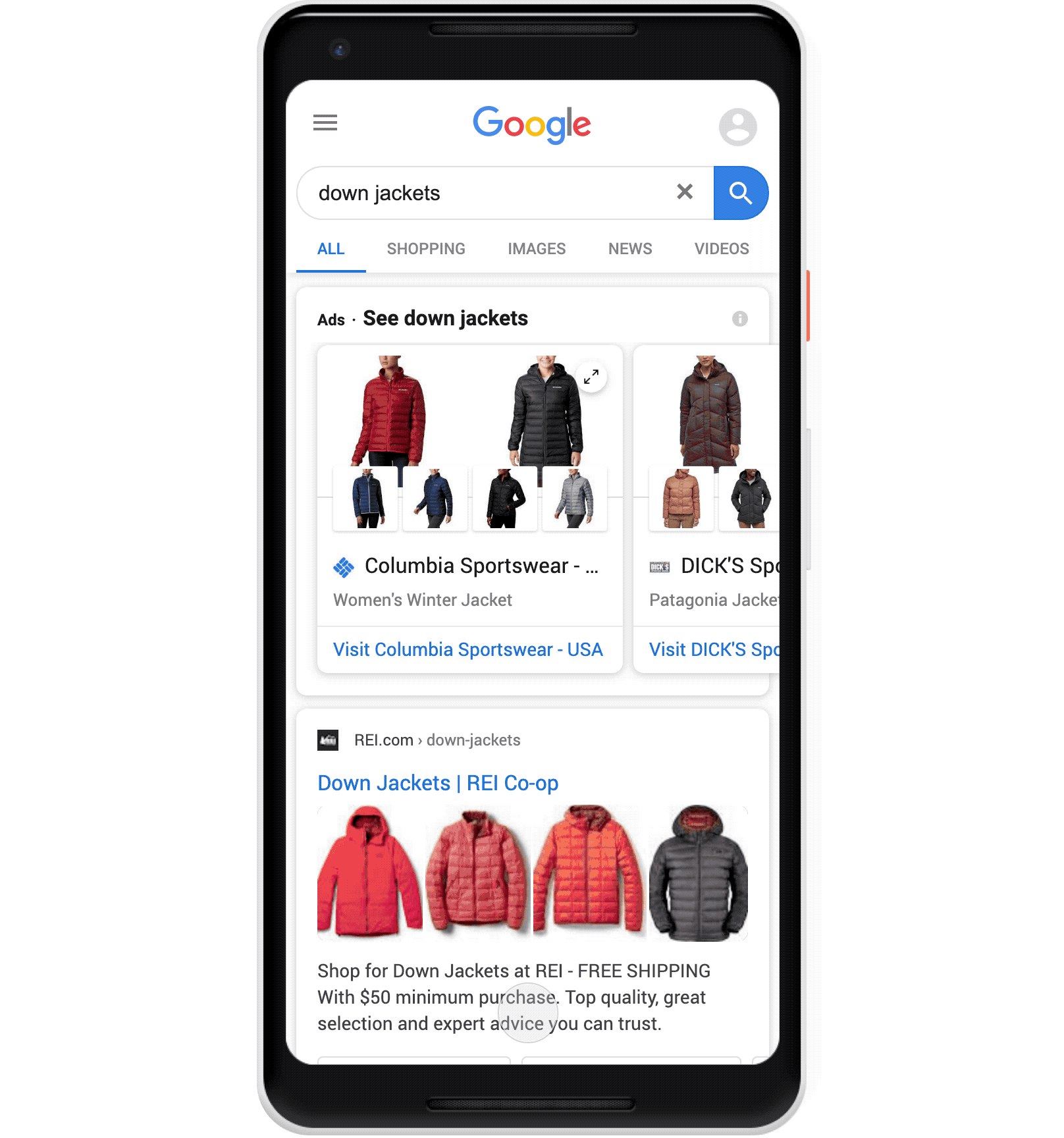 Animated GIF showing Google product carousel in organic results