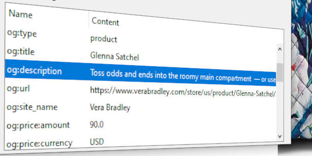 Meta data de la page produit Glenna Satchel sur le site de Vera Bradley