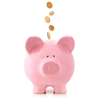 Golden coins falling into a pink piggy bank, isolated on white. US dollar coins
