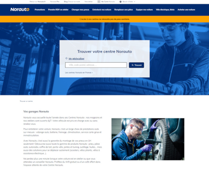 Page d’accueil Norauto – Trouver votre magasin avec le moteur de recherche ou la géolocalisation.