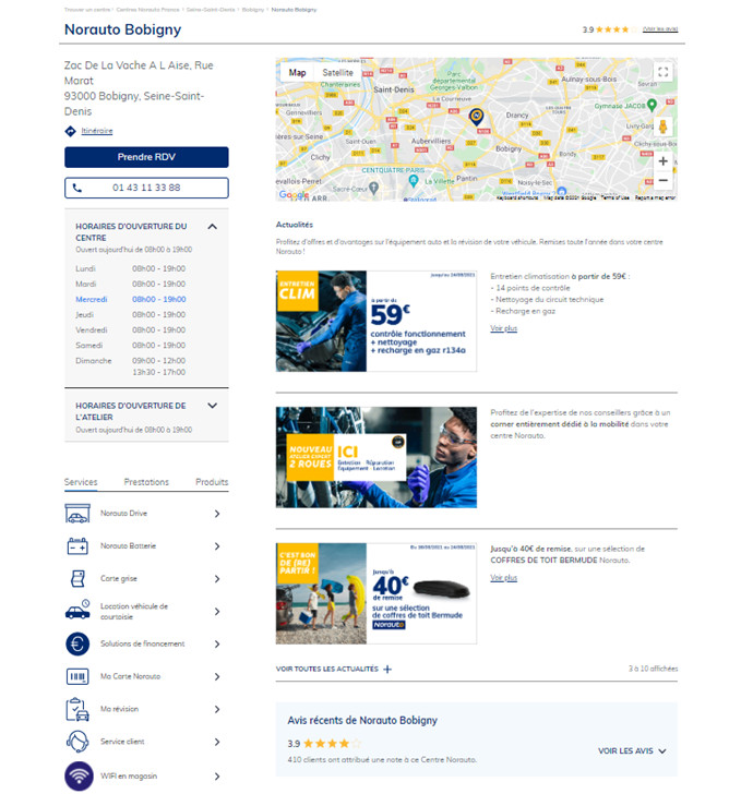 Les pages locales sont associées à chaque centre Norauto