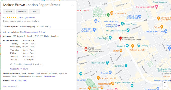 Molton Brown listing on Google
