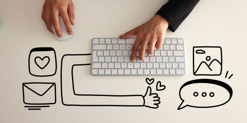 Social media marketing. A woman is traying to create digital content on her laptop with line icons